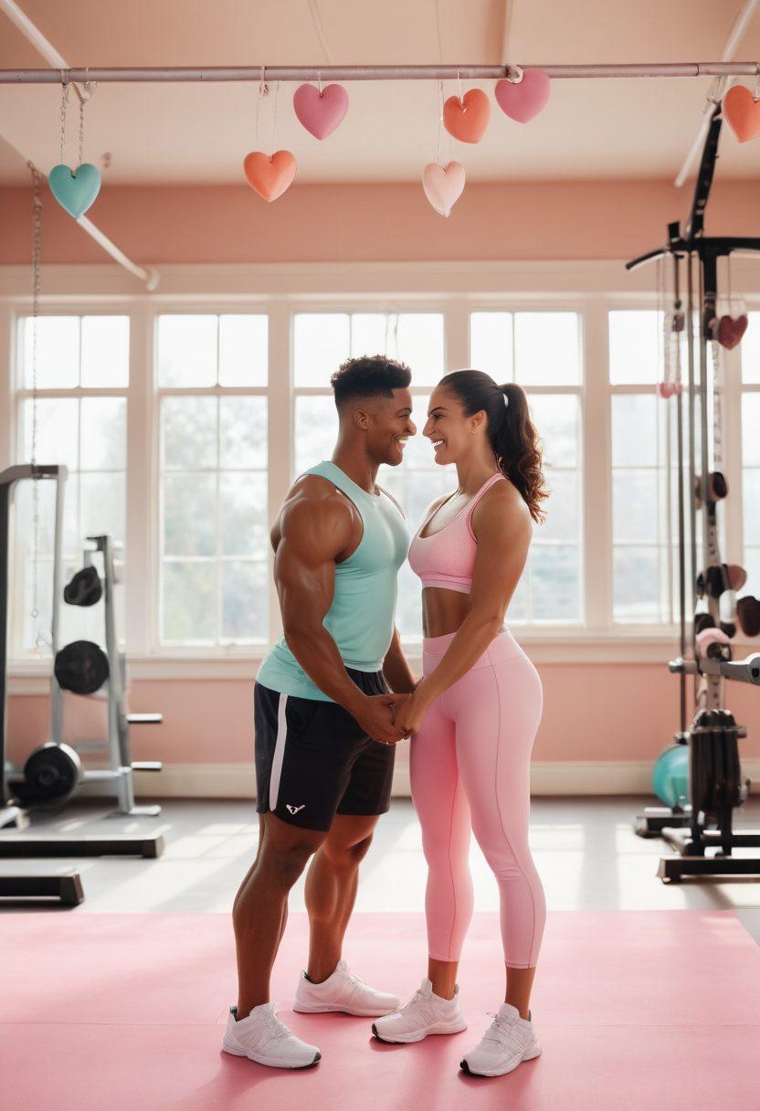 A romantic couple in a sunlit gym, sharing a moment of laughter while lifting weights together, surrounded by heart-shaped decorations and fitness equipment. The scene captures the essence of love intertwined with strength training, with soft pastel colors to evoke a warm atmosphere. An inspiring motivational quote can be subtly displayed in the background. super-realistic. vibrant colors. warm lighting.