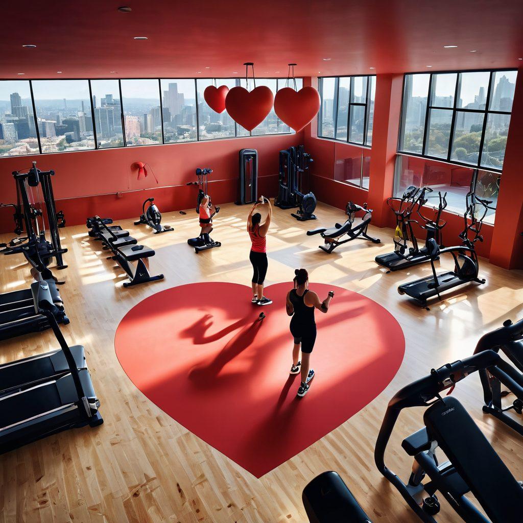 A heart-shaped gym surrounded by various fitness equipment, symbolizing the connection between physical conditioning and emotional bonding. In the foreground, a diverse group of individuals are engaging in partner exercises, showcasing camaraderie and affection. Soft, warm lighting enhances the theme of attachment, while subtle elements like heart motifs are woven into the gym design. vibrant colors. super-realistic.
