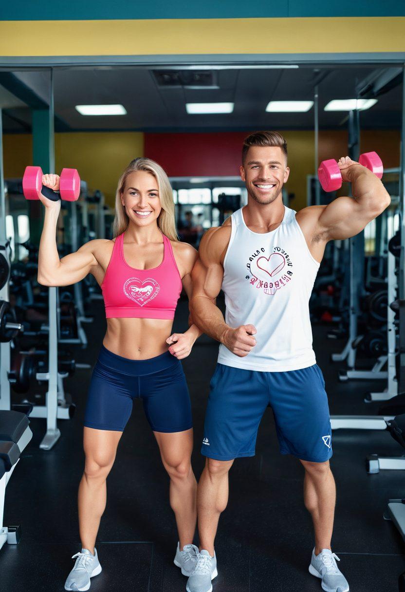 A couple joyfully lifting weights together in a modern gym, showcasing strong facial expressions and teamwork. The background features motivational posters and a mirror reflecting their progress, emphasizing strength and unity. Include elements like dumbbells and a heart symbol subtly integrated into the gym decor. vibrant colors. super-realistic.